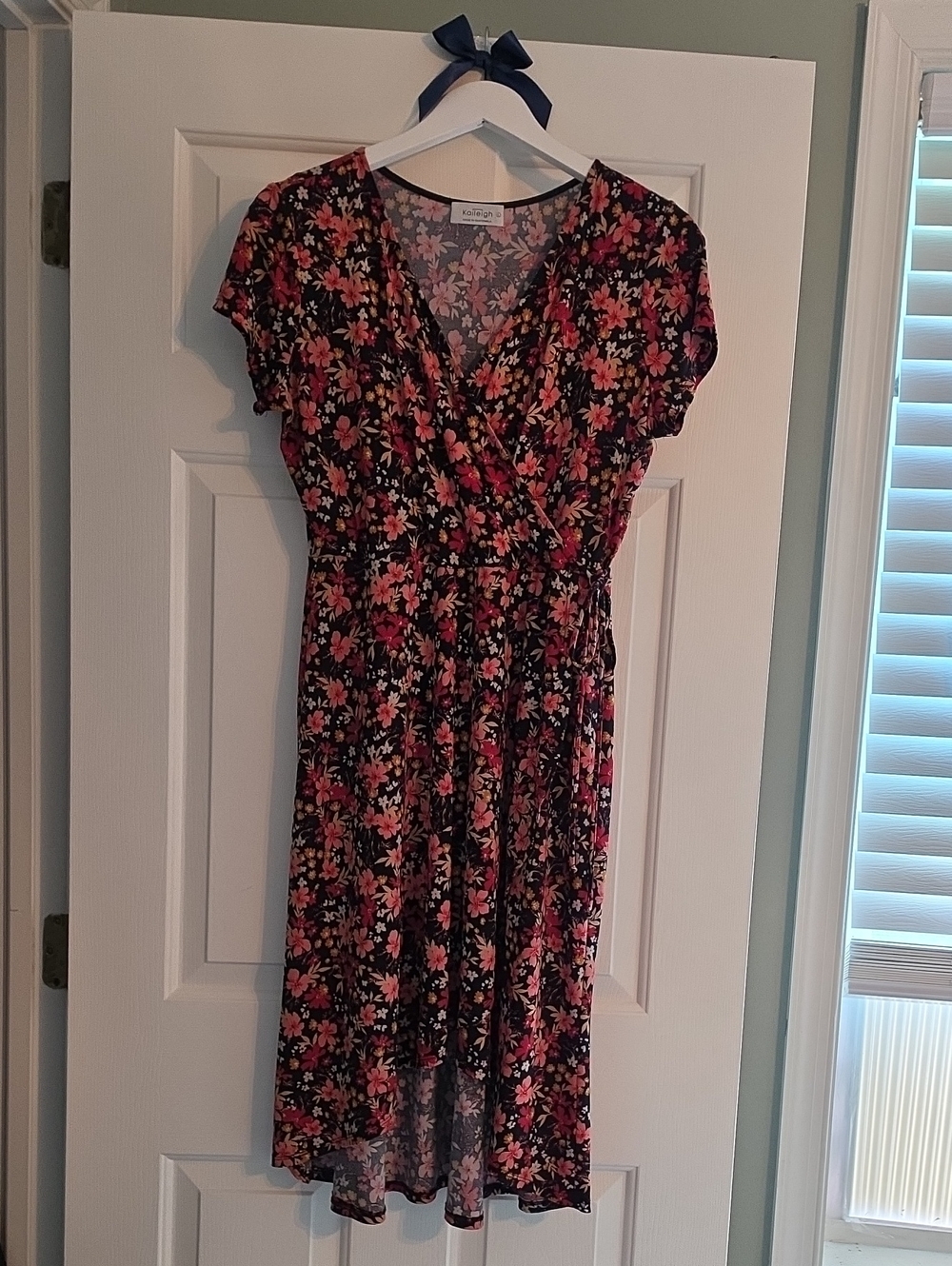 Kaileigh Bray Floral Knit Faux Wrap Midi Dress with Pink and Coral Blooms